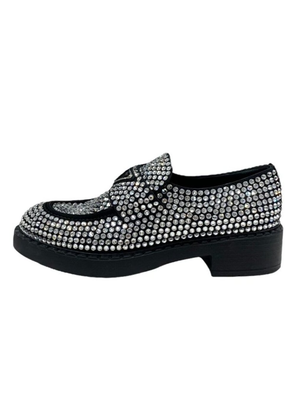 Prada Loafers Leather Shoes Satin Black Crystal Rhinestone Logo Plate - Picture 4 of 11